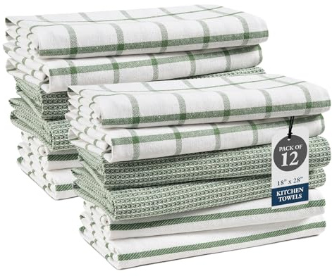 LANE LINEN Kitchen Towels Set - Pack of 12 Cotton Dish Towels for Drying Dishes, 18”x 28”, Premium Hand Towels, Tea Towel, Quick Drying Kitchen Towel Set - Olive