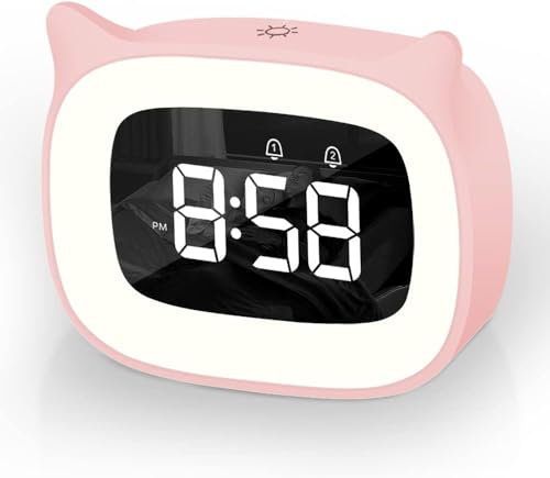 Aoreun Sveglia da Comodino per Bambini - Gatti Digitale con LED Numeri Grandi, Luce Notturna, Funzione Snooze Timer, 18 Suonerie, 5 Modalità - Rosa