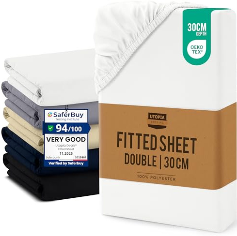 Utopia Bedding Fitted Sheet Double, White | Up to 12 Inch (30cm) Deep, Soft Brushed Microfibre Fabric, Shrinkage and Fade Resistant, Oeko-Tex Certified, Bottom Sheet