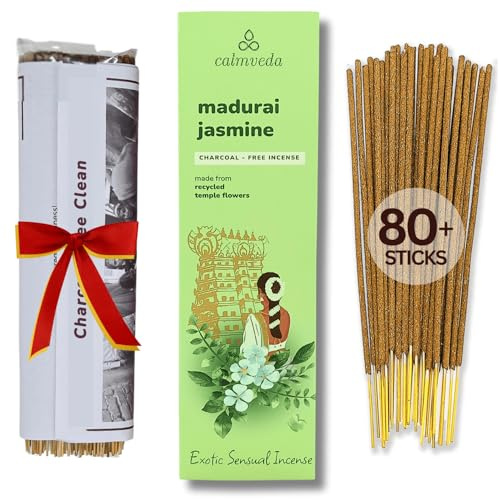 Madurai Jasmine Incense Sticks (80) - Exotic Sensual Aroma, Charcoal Free | Handmade by Indian Artisans using Upcycled Floral Powder, IFRA Compliant, Rich decadent Floral fruity, Kama or Love Incense