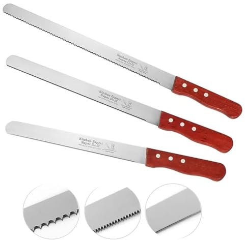 AONEGOLD 30 cm Coltello da Pane Set di 3 Coltello da Cucina in Acciaio Inossidabile Coltello da Pasticceria Manico Ergonomico in Legno per Pane, Dolci e Prodotti da Forno