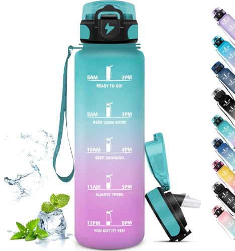 Grsta Trinkflasche 1L, Trinkflasche mit Strohhalm, Trinkflasche Sport, Kann mit Dir Tragen, Trinkflasche Auslaufsicher mit Uhrzeit, Trinkflasche Erwachsene für Fitness, Wandern, Camping, Yoga