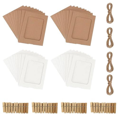 LHOEST 40 Stück Bilderrahmen aus Pappe Set, Papier Fotorahmen mit 40 Wäscheklammern Holz und 4 Hanfseil, DIY Kraftpapier Bilderrahmen 10x15 für Hängende Wanddekoration Fotogirlande (weiße+Braun)