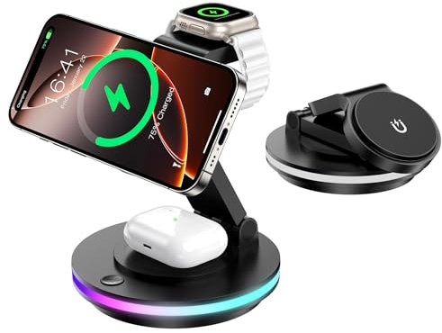Mag Safe Chargeur 3 en 1 pour Apple Watch et iPhone, Pliable, Rotatif, avec réglage de la lumière, Support de Charge sans Fil, Support de Charge Mag Safe pour iPhone 16/15/14, AirPods (sans