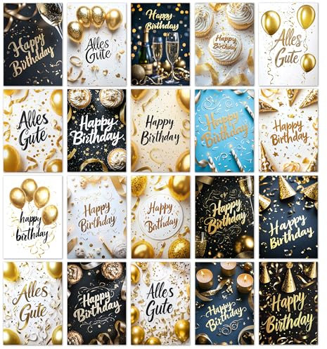 beriluDesign 20 Geburtstagskarten Set - Glückwunschkarten, Postkarten zum Geburtstag - Happy Birthday Karten - ideal als Grußkarte oder Gutschein (20 Karten)