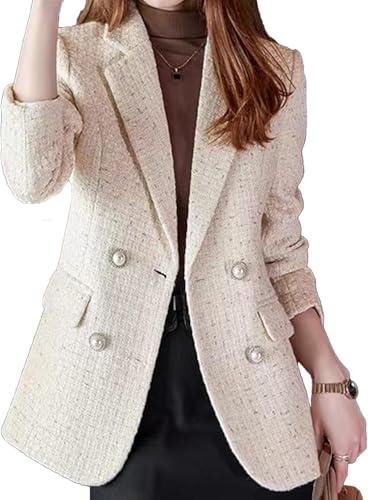 Goolecrimp Blazer de Tweed para Mujer otoño Ligero Elegante Doble Botonadura Solapa Oficina Chaqueta Informal Tendencia de Moda Chaqueta Delgada de Trabajo de Negocios (Beige,L)