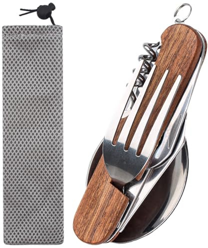 6 in 1 Camping Besteckset,Camping Besteck mit Holzgriff,Outdoor Besteck mit Kordelzugbeutel,All-in-One Edelstahl, Klappbesteck für Outdoor,für Wandern,Picknick,Campen Festival