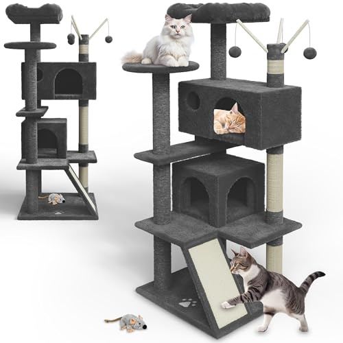 zooprinz Premium Kratzbaum – Großer XXL Kletterturm für kleine & große Katzen - Breiter Kratzbaum mit dicken Sisal Säulen, Höhle, Hängematte, Bällen & Seil – Mit Plüschmaus - Katzenbaum (Dunkel Grau)