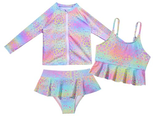 Happy Cherry Ensemble Rashguard 3 Pièces Enfant Fille Maillot de Bain Manches Longue Protection Solaire 7 Ans