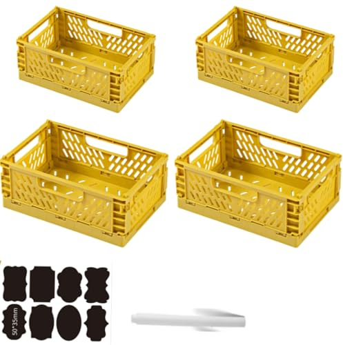 CNKHDZ 4 delar Fällbar låda, hopfällbara lådor förvaringslådor i plast, förvaringskorgar med handtag, stapelbara förvaringslådor för hyllor, skrivbord (Gul, 2pack30×20×12+2pack 20×14×9cm)