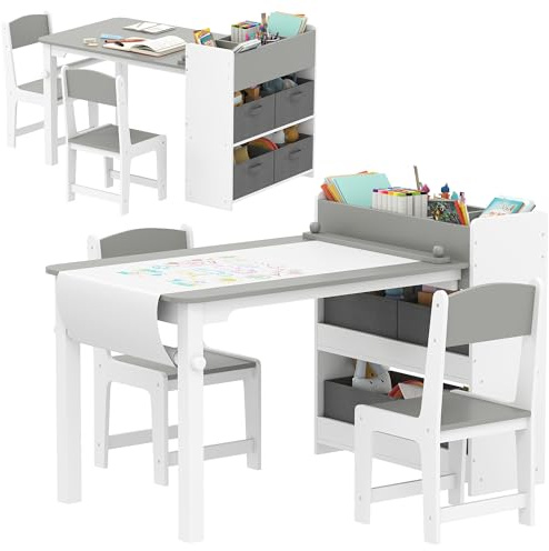 AIYAPLAY Mesa infantil con silla, conjunto de mesa y 2 sillas niño de madera para dibujar, jugar, estudiar con rollo de papel, estantes de almacenamiento y cajones, para niña de 3 a 8 años, gris