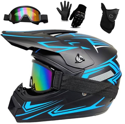 Casco da Motocross Per Bambini, Atv, con Occhiali, Guanti E Maschera, Per Moto Da Cross, Fuoristrada, Atv, Bmx, Downhill, Mountain Bike, Quad, Omologato DOT(Style Sky Blue,S(52-53cm))