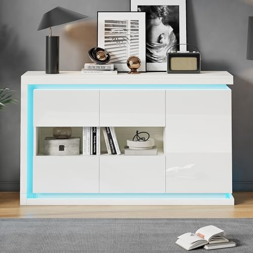 Armadio da soggiorno, 140 x 40 x 84 cm, moderno comò con 4 scomparti, larghezza 140 cm, con striscia luminosa a LED, credenza lucida con ante in vetro temperato, adatto per corridoi, soggiorni, uffici