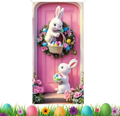 Banderolas De Pascua - 89x178 Cm Fondo Impermeable Bonito,Cubrepuerta de Conejito Decoración Hogar - para Exterior Interior Oficina Aula Porche Jardín Patio Fiesta