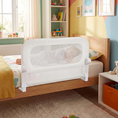 COSTWAY Barrera Seguridad Niños, Barandilla Plegable para Cama, Barandilla de Seguridad Ajustable dcon Funda Extraíble de Tejido Oxford y Base Robusta en Forma de U (Blanco,80 x 60 cm)