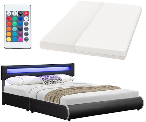 Juskys Polsterbett Sevilla 180x200 cm mit Matratze, LED Beleuchtung, Lattenrost & Kopfteil - Holz & Kunstleder - 16 Farbeinstellungen & Fernbedienung - Bett Bettgestell Doppelbett - Schwarz