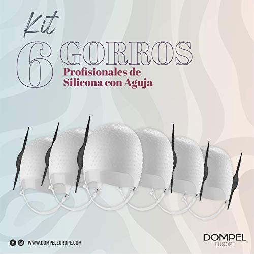 DOMPEL Kit con 6 Gorros Profissionales de Silicona para Mechas con Aguja y Regulación, Peluqueria, Salón, Teñir el Pelo - MADE IN BRAZIL