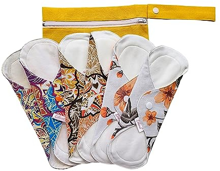 Lilind® Lot de 6 serviettes hygiéniques lavables en tissu bio de 24 cm avec sac étanche à fermeture éclair, réutilisables et imperméables, 100% coton, fleurs vertes