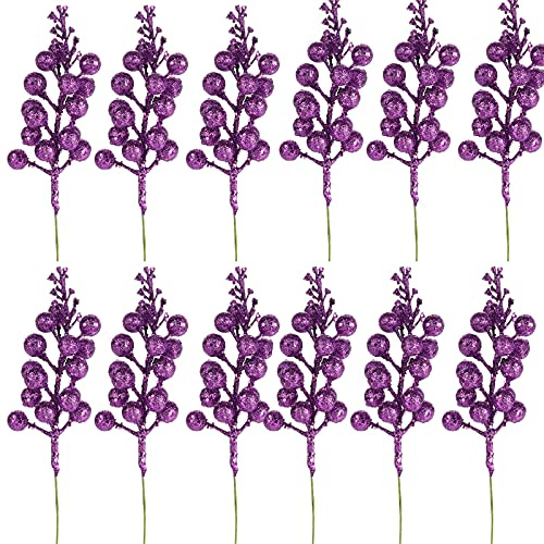 JFBUCF 12 Pcs Christmas Glitter Berries Stems, 7.8inch Artificial Purple Berry Picks, Fake Holly Berry Stems for Christmas Tree Ornaments Wreath Crafts Home Decor