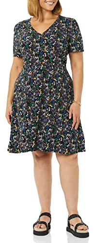 Amazon Essentials Vestido Acampanado Fruncido con Cuello en Pico y Manga Corta Mujer, Negro Flores Pequeñas, M