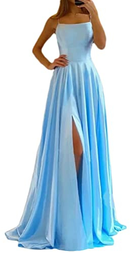 ORANDESIGNE Abito da Sera in Raso Vestito da Cerimonia Donna Stile Impero Linea ad A Scollo all'Americana Senza Maniche Vestito Lungo Abito da Laurea con Lacci A Azzurro M