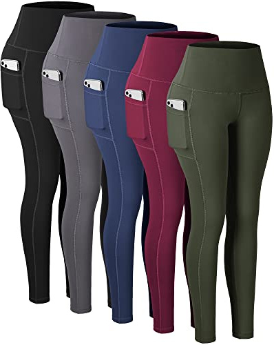 CHRLEISURE Leggings with Pockets for Women, High Waisted Tummy Control Workout Yoga Pants(5 Packs Black,Gray,Navy,Wine,JLGreen, L)