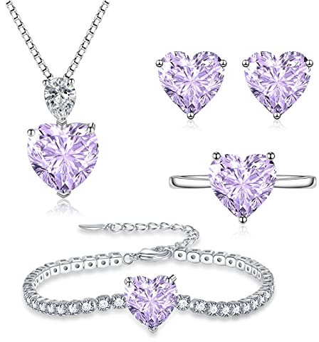 Loutade Silver Jewellery Set for Women, 925 Sterling Silver 4 PCS Fashion Heart Necklace Earrings Ring Bracelet Set, Heart-shaped Jewellery for Women Set with Purple Cubic Zirconia for Girlfriend