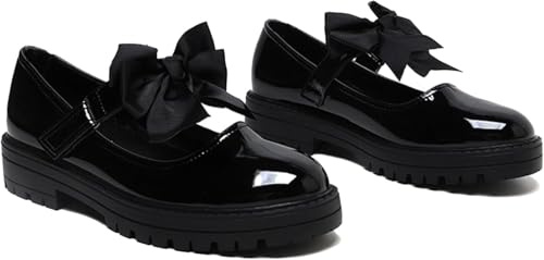 BloomFashion® Girls Mary Jane Back to School Patent Black Shoes Toddler Kids Comfortable Anti-Slip Uniform Flat Shoes with Detachable Bow On Strap 11uk