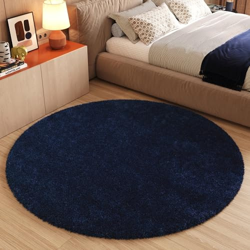 TAPISO Essence Alfombra Redonda Shaggy Pelo Largo Moderna Azul Marino Monocolor Alfombra Salón Dormitorio Adulto Niño Cama Escritorio Suave Super Suave Grueso Oeko-Tex 200 x 200 cm