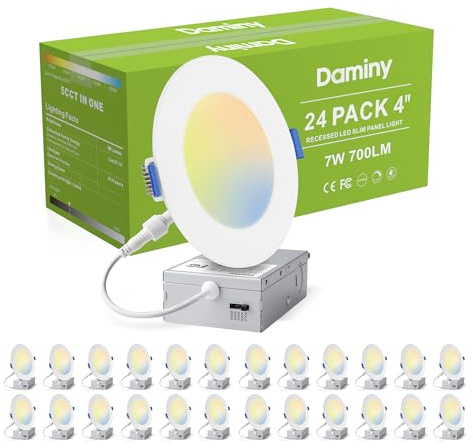 DAMINY 24 Pack 4 Inch LED Recessed Lighting with Junction Box,5CCT,Ultra-Thin Recessed Light,7W 700LM, Dimmable Canless Wafer Ceiling Light, High Brightness