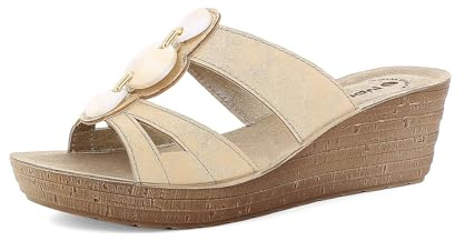 inblu Damen Ciabatte Donna A Doppia Fascia Con Zeppa E Pietre Colorate, Plantare In Vera Pelle, Dal 35 Al 41 Schiebe-Sandalen, Sand, 39 EU