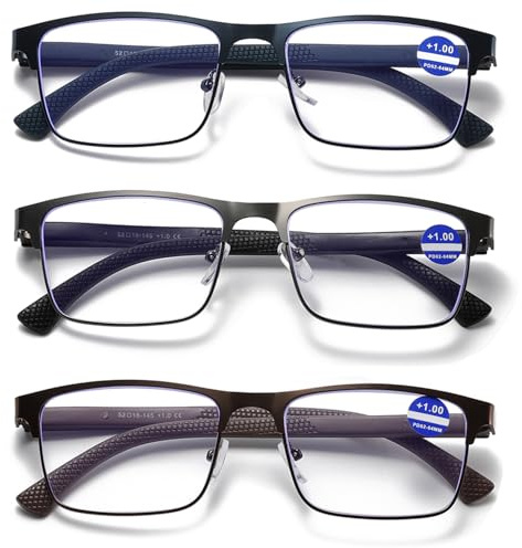 Hubeye 3er-Pack Lesebrille aus Metall für Herren Anti-Blau Licht Sehhilfe Quadrat Männer Brillen Federscharniere Blaulicht Blockierende Computer Lesehilfe 3.00