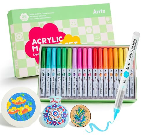 Arrtx 36 Feutres Acryliques, Stylos de Peinture Acrylique pour Pierre, Stylo Acrylique, Marqueur Acrylique, Marqueur de Peinture Étanche, Fournitures d'art pour Verre, œuf, Bois, Loisirs Créatifs