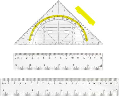 1x Geodreieck 2x Lineal - 3-teiliges Zeichnung Set, Lineal 15 & 20 cm, Geodreieck [Enthält Winkelmesser] mit Griff, Ideal zum Zeichnen Kartografieren Modellieren