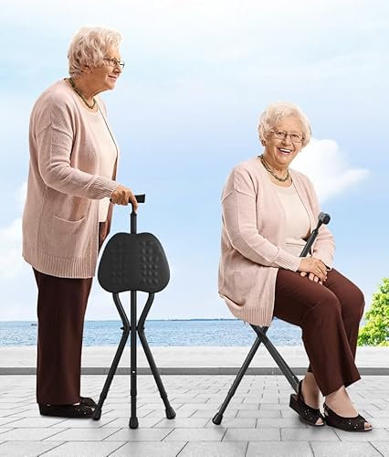 Gehstock mit Sitz, Faltbarer Gehstockstuhl, Höhenverstellbarer Sitzstock, 3 Beinen Krückstock, leichte Gehstöcke für Senioren, Frauen, Männer