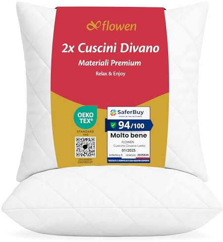 Flowen Cuscini per Divano 45x45 Imbottitura Cuscini 2 pezzi Interno Decorativi Quadrati Morbidi con Federa Trapuntata Bianca Anallergici Antiacaro Arredo Casa Salotto Letto Lavabili