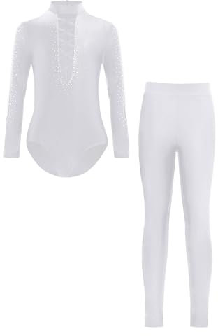 Oyolan Kinder Jungen Gymnastikanzug Langarm Strass Turnanzug Turntrikot mit Hose Wettbewerb Tanzkostüm 5-16 Jhare Weiß 134-140