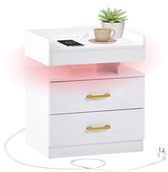 FurnitureR LED Nachttisch, 45 x 35 x 52 cm, Hochglanz Weiß, 2 Schubladen, 16 Farben LED-Beleuchtung, 2 Ladestecker und 2 USB-Buchsen, für Schlafzimmer, Wohnzimmer, Arbeitszimmer