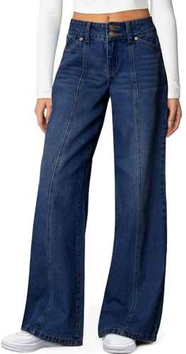 Sidefeel Women's Jeans High Waisted Stretchy Wide Leg Jeans Trendy Seamed Front Straight Leg Loose Denim Pants Bluing Size 14