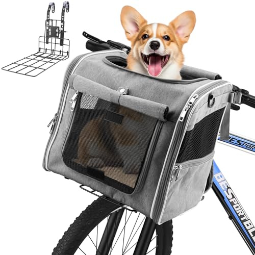 Hundekorb für Fahrrad, faltbarer 3-in-1-Haustier-Fahrradkorb, Crossbody, Schulter und Handheld für kleine und mittelgroße Haustiere bis zu 12 kg, mit stabiler L-Halterung und 4 Netzfenstern, Grau
