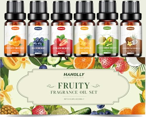 HANOLLY Aceites Esenciales para Humidificador Frutas 6x10ML, Juego de Aceite Esencial Naturales para Velas jabones perfumes hogar - Fresa, Arándano, Naranja Dulce, Coco Vainilla, Pepino y Melón, Piña