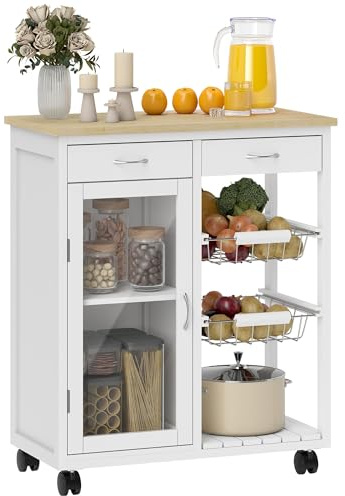 HOMCOM Carrello da Cucina con Ruote e Piano in Bambù, Isola Cucina con 2 Cassetti, Armadietto con Anta in Vetro, Ripiano Regolabile, 2 Cestini in Acciaio per Soggiorno e Cucina, 67x35x80 cm, Bianco