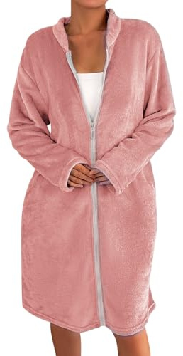 YOSUWOAI Bata para mujer, mullida, bata monocolor, con cremallera, ropa de dormir, para otoño e invierno, bata de sauna, de franela, bata de baño cálida, O rosa., M