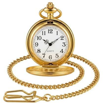 Gold Pocket Watch Classic Steel Quartz Pocket Watch with Detachable Chain | Elegant Men's Vintage Gold Timepieces Roman Numerals for Fathers Day Birthday Anniversary Day Collectors Gift Weddings