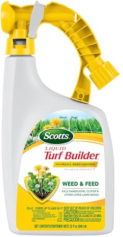 Scotts Liquid Turf Builder with Plus 2 Weed Control Ready-To-Spray - Liquid Weed Killer and Grass Fertilizer, Hose-End Applicator, 32 fl. oz.