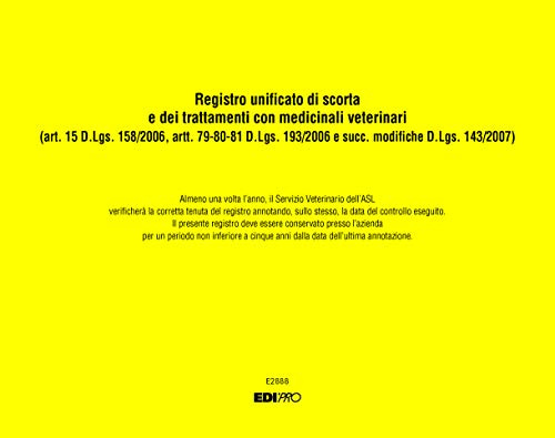 EDIPRO - E2888 - Registro unificato di scorta medicinali veterinari e dei trattamenti (Copertina Gialla) 23 pagine numerate f.to 24,5x31