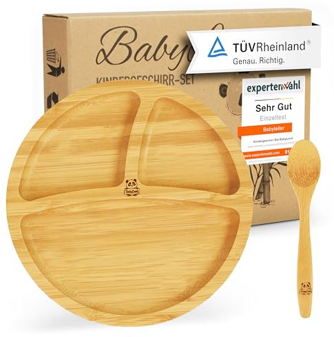 Babylovit Bambus Kinderteller | TÜV Geprüfter Baby Teller mit Saugnapf & Esslernbesteck | BLW Beikost Zubehör | Esslernlöffel Baby Melamin & BPA frei | Kinder Teller mit Saugnapf | Kinderbetseck