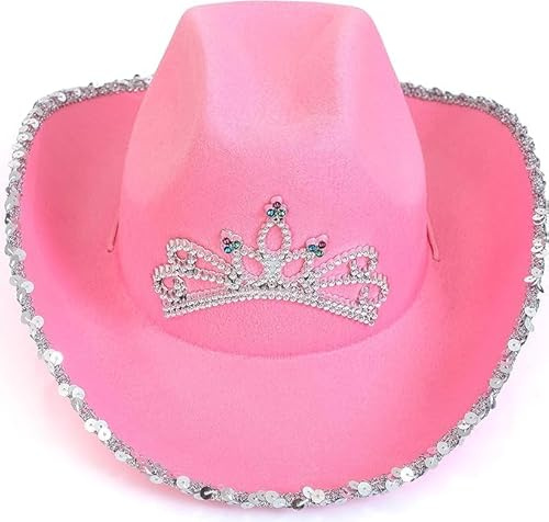 Pink Princess Sequin Cowboy Hat - Cowgirl Hat with Crown Tiara Design