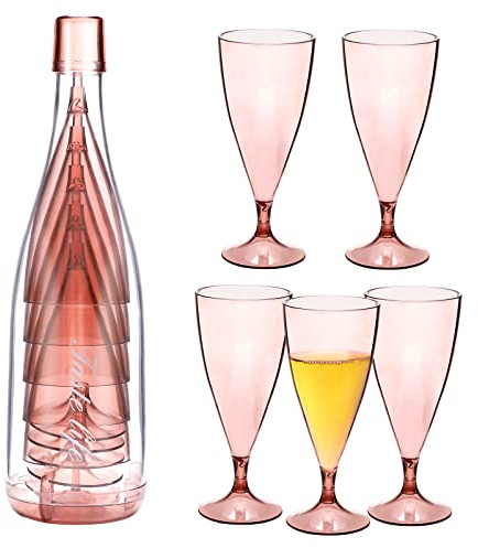 5 Pcs Stackable Champagne Glasses Set,Reusable Unbreakable Wine Flutes with Bottle Container,Shatterproof Elegant Transparent Stemmed Goblet Barware,Perfect for Party,Wedding,Birthday
