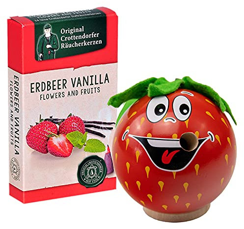 Seiffener Volkskunst | Räucherfigur aus dem Erzgebirge | Freche Früchtchen 7 cm inkl. Crottendorfer Räucherkerzen | Räuchermännchen Deko Figur | Original Erzgebirgische Volkskunst (Erdbeere)